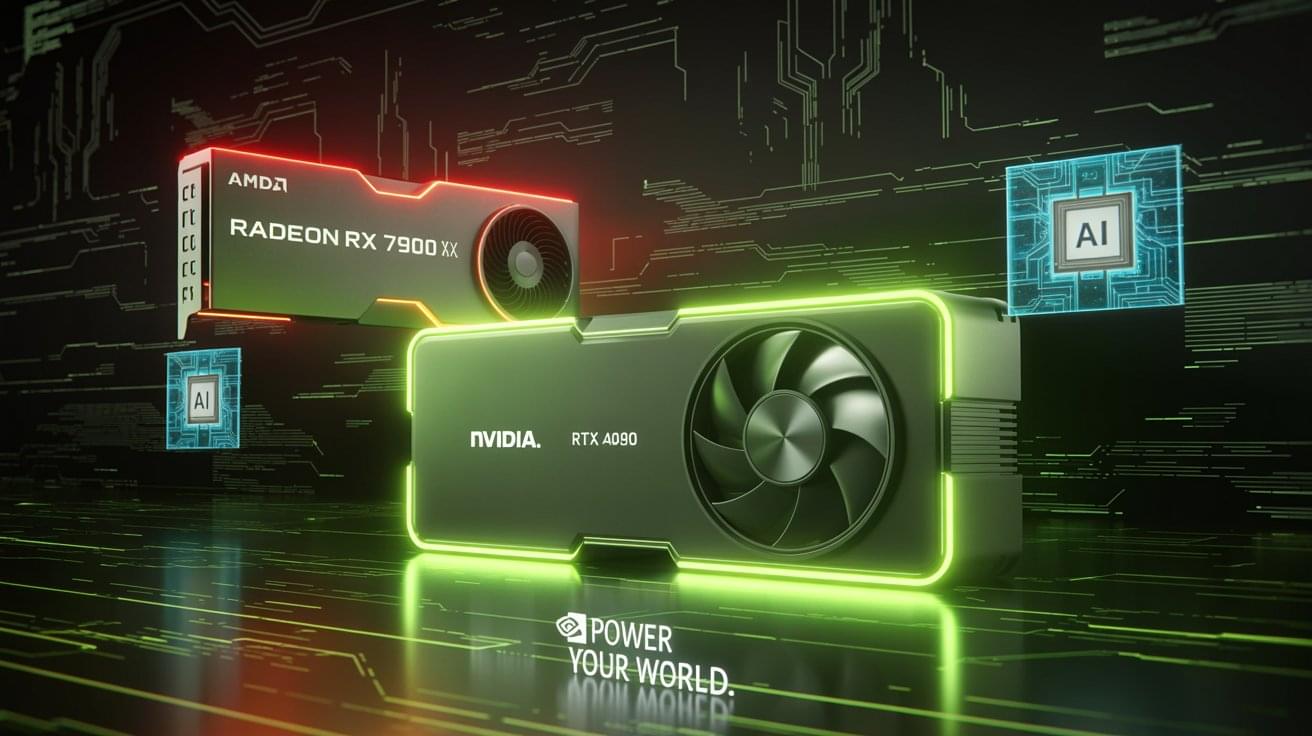 "A dramatic, high-tech composition showing the GPU market battle between NVIDIA and AMD. In the foreground, a sleek NVIDIA RTX graphics card with green LED lighting dominates the frame, positioned at a dynamic angle with glowing green accents and the GeForce RTX logo prominently displayed. Behind it, an AMD Radeon GPU with red LED lighting appears smaller and slightly out of focus, showing the red AMD logo. The background features a futuristic digital landscape with flowing data streams, neural network visualizations, and AI-themed graphics in green and red colors. Include subtle circuit board patterns and microchip textures. The lighting should be dramatic with strong green highlights from the NVIDIA side overpowering the red AMD lighting, symbolizing market dominance. Add floating holographic elements showing: gaming performance charts, AI/machine learning symbols, data center server racks, and cryptocurrency mining graphics. The overall mood should be dark and tech-noir with neon accents, suggesting a high-stakes technology battle. Style: Photorealistic, cinematic lighting, 4K quality, technology advertisement aesthetic, dramatic composition with depth of field, corporate tech presentation style." **Alternative Simplified Version:** "Split-screen composition: Left side shows NVIDIA RTX GPU with bright green lighting and upward trending graph arrows. Right side shows AMD Radeon GPU with dimmer red lighting and downward trending elements. Background: Abstract digital matrix, AI neural networks, gaming and data center imagery. Dark background with neon highlights, cinematic tech aesthetic." This prompt would create a visually striking cover image that immediately communicates the article's theme of NVIDIA's dominance over AMD in the GPU market.