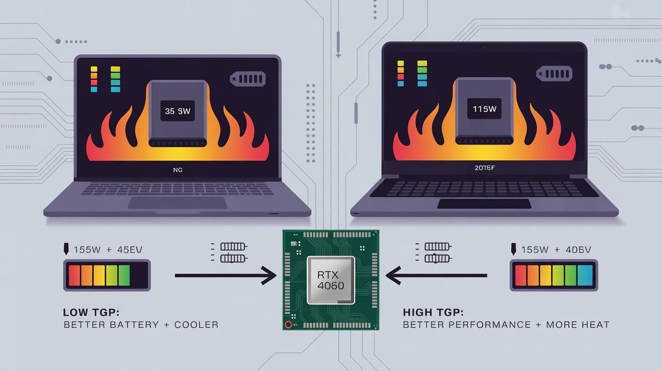 clean, technical infographic showing laptop GPU performance comparison. Split-screen layout: Left side shows a thin, sleek laptop with a low-TGP GPU (35W) with moderate heat visualization and longer battery indicator. Right side shows a thicker gaming laptop with high-TGP GPU (115W) with intense heat visualization and shorter battery indicator. In the center, display the same GPU chip (like RTX 4060) with arrows pointing to both laptops, showing different performance bars - lower performance for low-TGP, higher performance for high-TGP. Include visual elements: temperature gauges, battery life icons, performance meter bars, and power consumption indicators. Use a modern tech aesthetic with blue and orange color scheme. Add text labels for 'Low TGP: Better Battery + Cooler' and 'High TGP: Better Performance + More Heat'. Background should be clean white or light gray with subtle circuit board patterns."